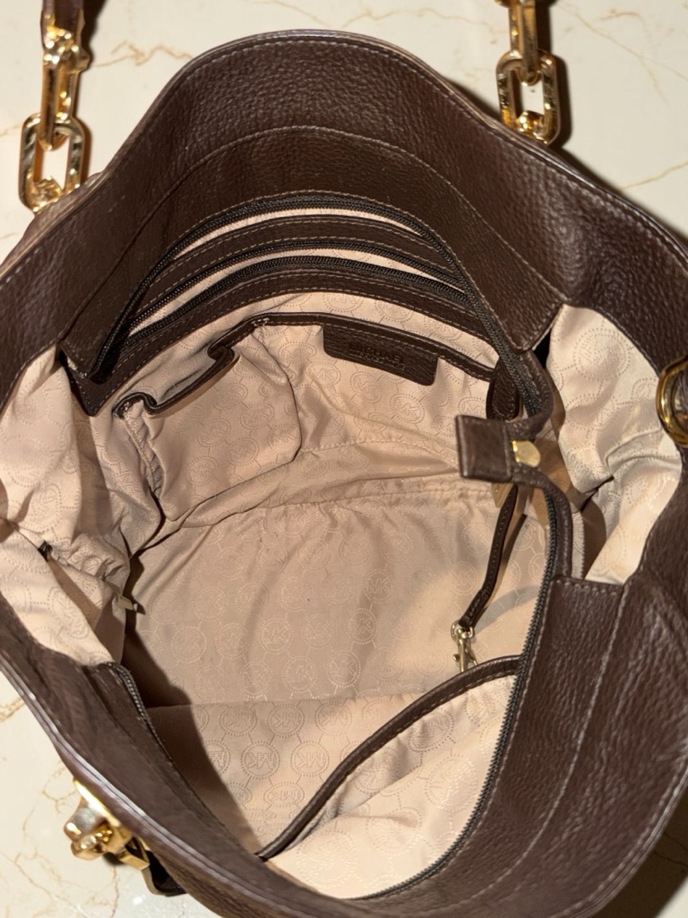 Michael Kors Women's Dark Brown Pebble Leather Brooke Tote Shoulder Bag - Picture 11 of 14